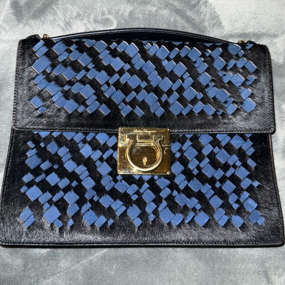 Salvatore Ferragamo Handbags - Preloved Salv Ferragamo Marisol woven calf hair & suede hand bag 10.6”X8.25”